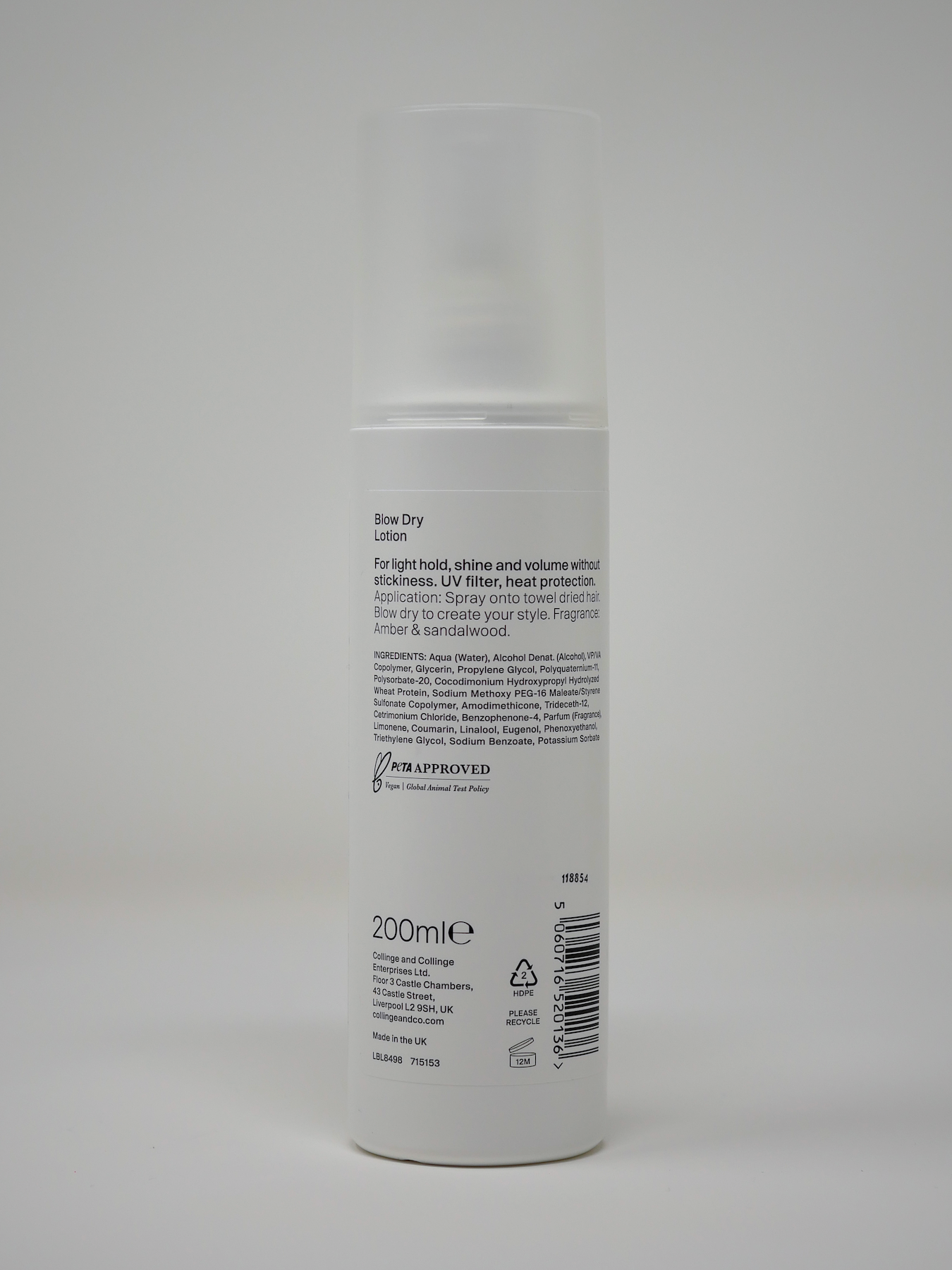 Collinge & Co Blow Dry Lotion rear label